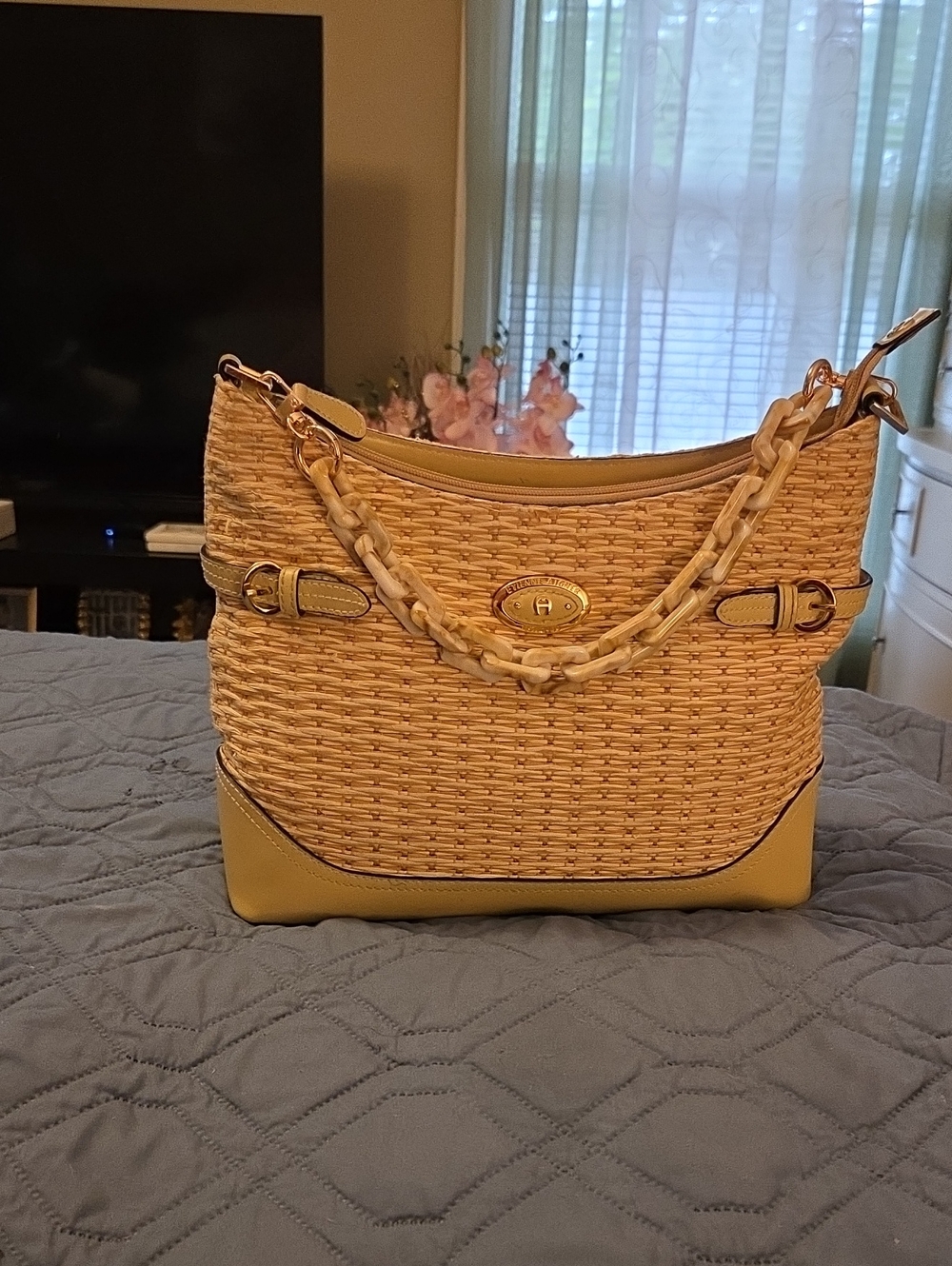 Woven Shoulder Bag with Yellow Trim and Chain Handle